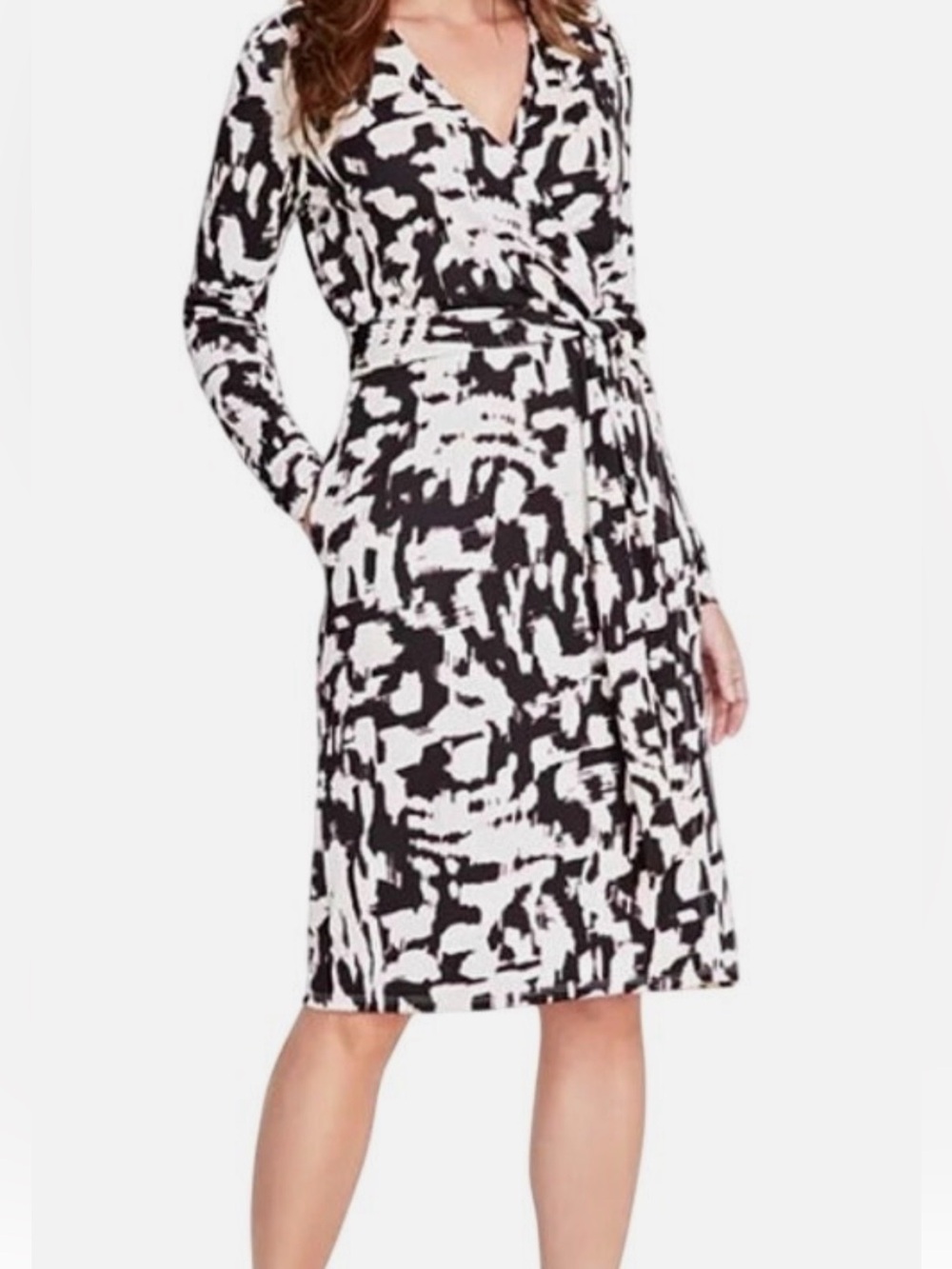 INC Black & Cream Abstract Wrap Dress - Classic Women's Dress